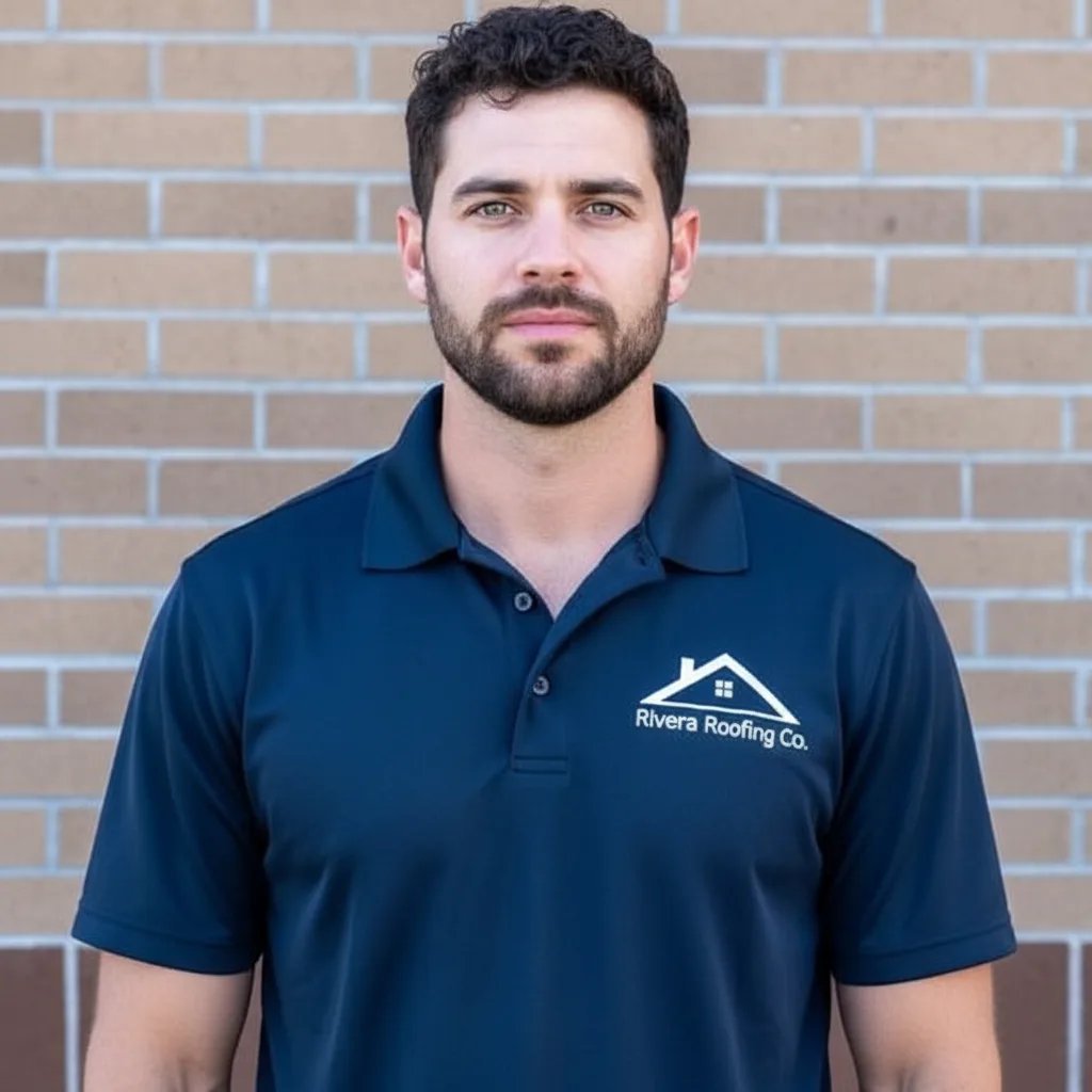 Samuel, owner of Rivera Roofing CO, wearing company branded shirt