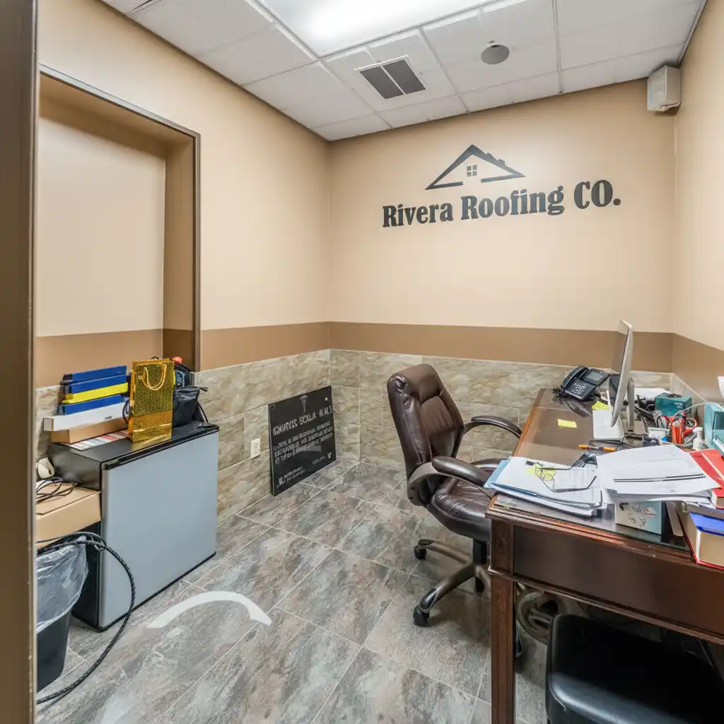 Rivera Roofing CO office interior with company logo on wall